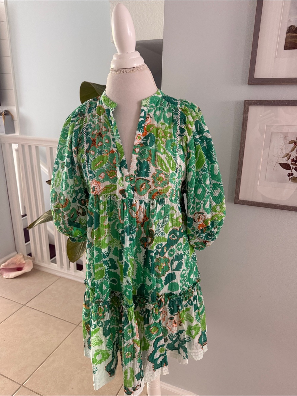 Poupette St. Barth Green Floral Tiered Mini Dress